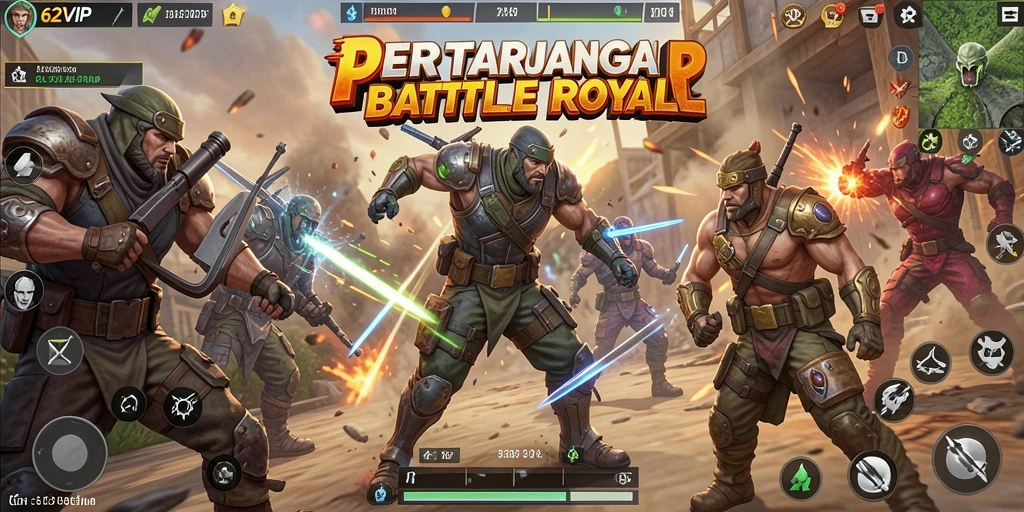 Screenshot menunjukkan aksi mendebarkan dari gameplay Battle Royale di 62VIP.