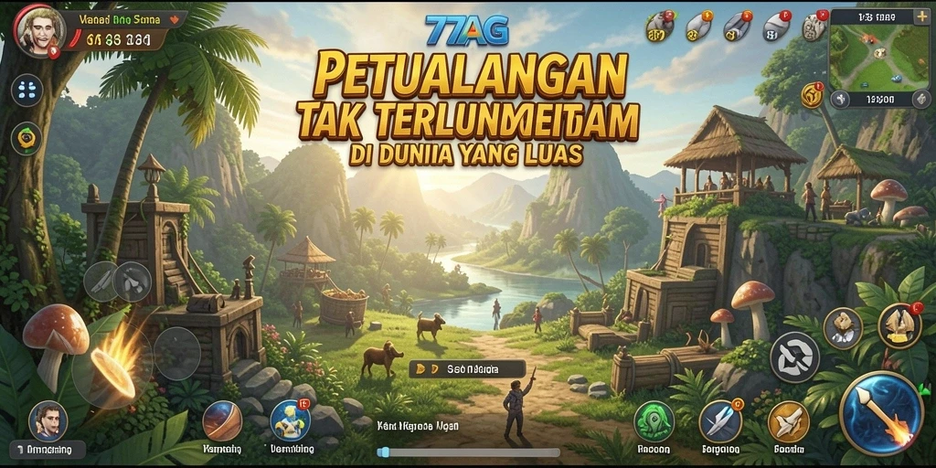 Screenshot utama menampilkan momen eksplorasi di dunia 77AG.
