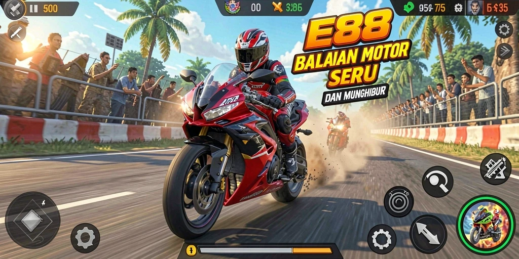 Screenshot gameplay E88 dengan aksi balapan motor yang seru.
