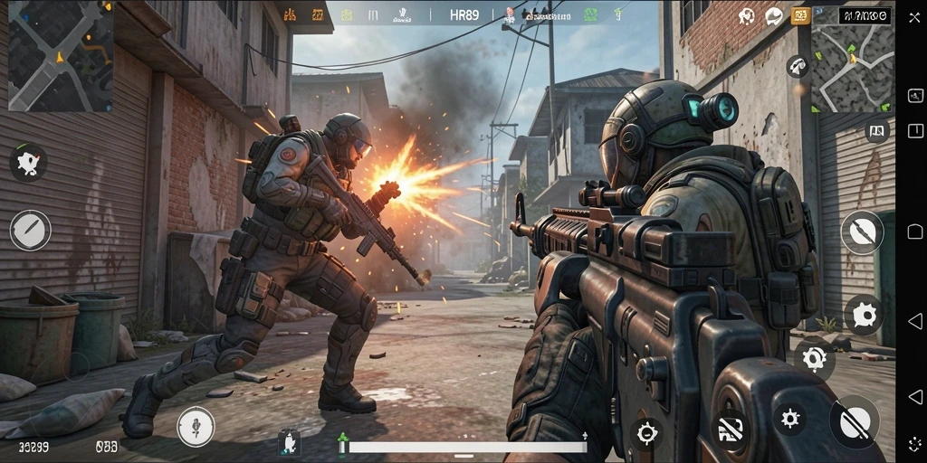 Tampilan utama HR89 menampilkan aksi seru di medan perang FPS.