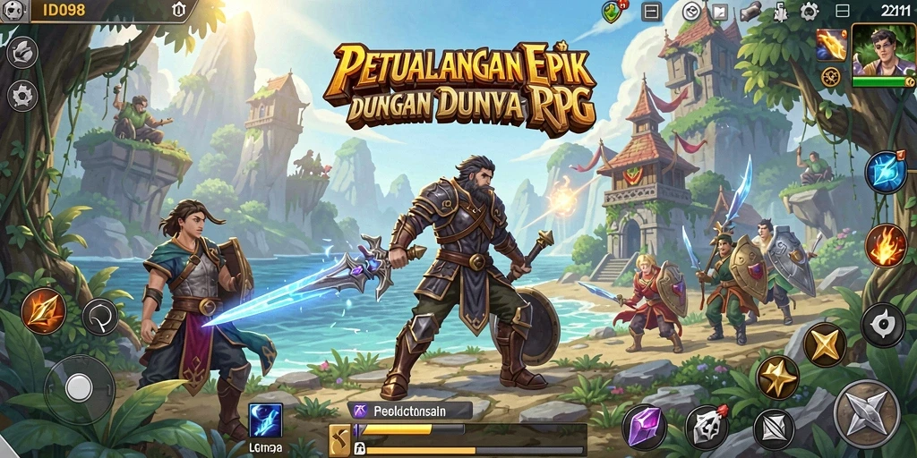 Screenshot utama ID098 menampilkan aksi pertempuran epik dalam RPG.