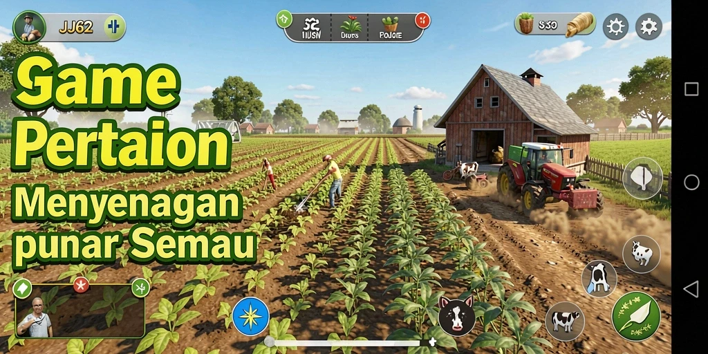 Tampilan utama gameplay <strong>JJ62</strong> yang menunjukkan aktivitas pertanian.