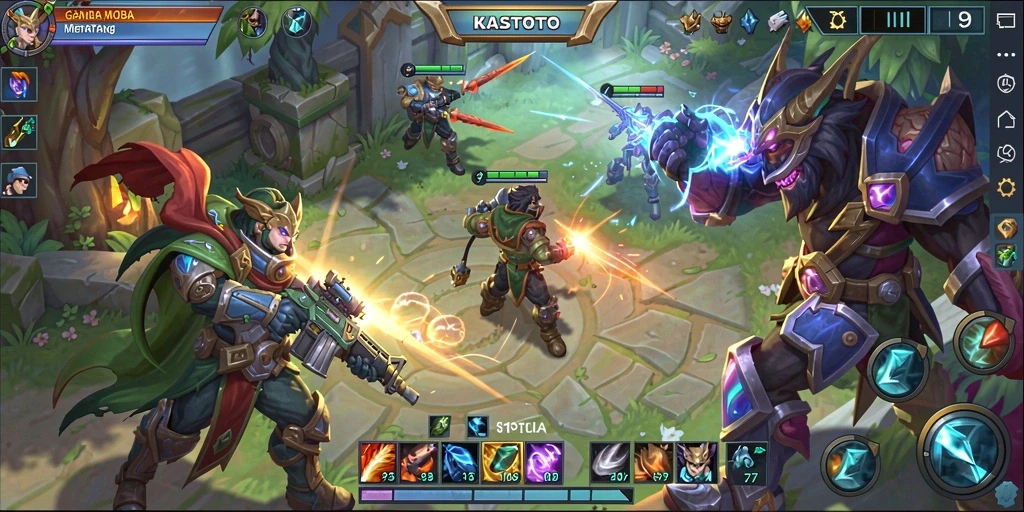 Screenshot gameplay KASTOTO menampilkan aksi seru di arena MOBA.