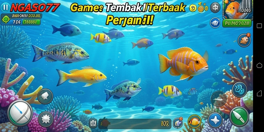 Tampilan gameplay seru dalam NGASO77 dengan berbagai ikan menunggu untuk ditembak.