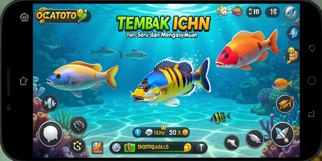 Screenshot gameplay OCATOTO menampilkan aksi menembak ikan yang menegangkan.