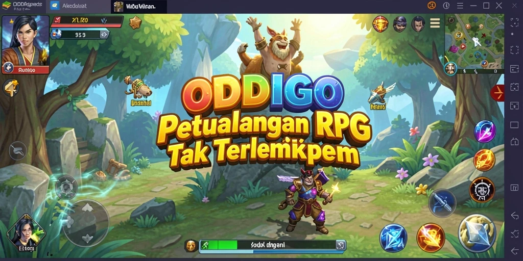 Screenshot gameplay ODDIGO menampilkan pertarungan epik di dunia RPG.