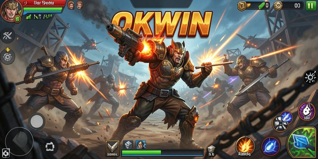 Screenshot utama OKWIN menampilkan aksi pertempuran yang mendebarkan.