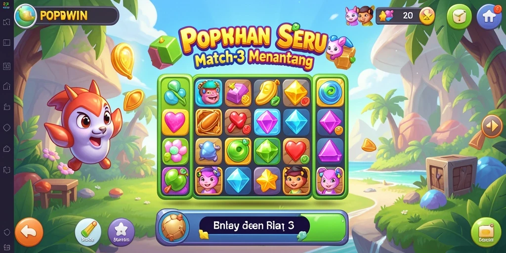 Screenshot POPWIN menampilkan gameplay Match-3 yang seru dan berwarna.