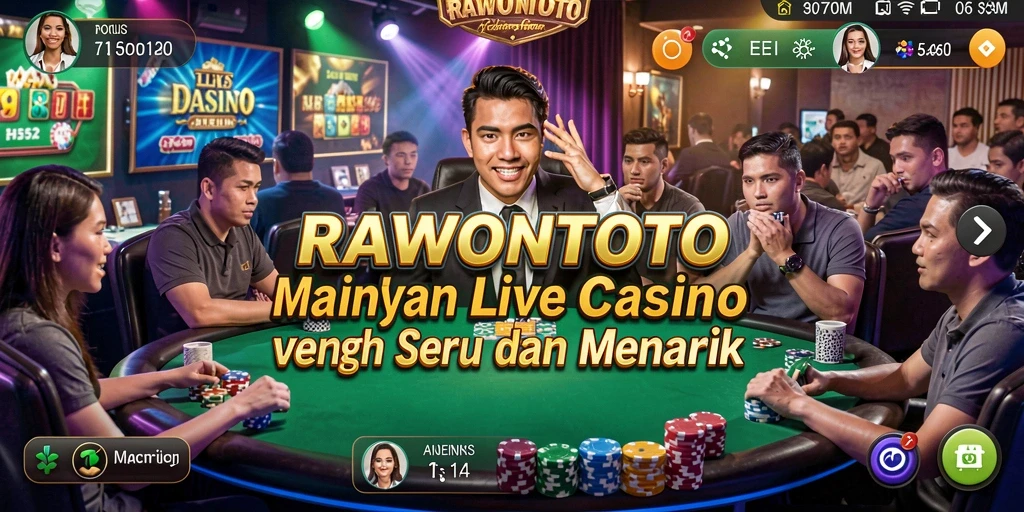 Screenshot gameplay RAWONTOTO menampilkan dealer langsung dan suasana kasino yang hidup.